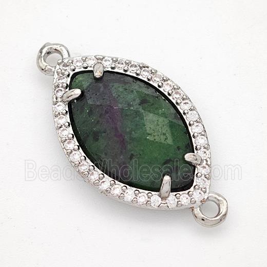 Green Zoisite Eye Connector Copper Pave Zirconia Platinum Plated