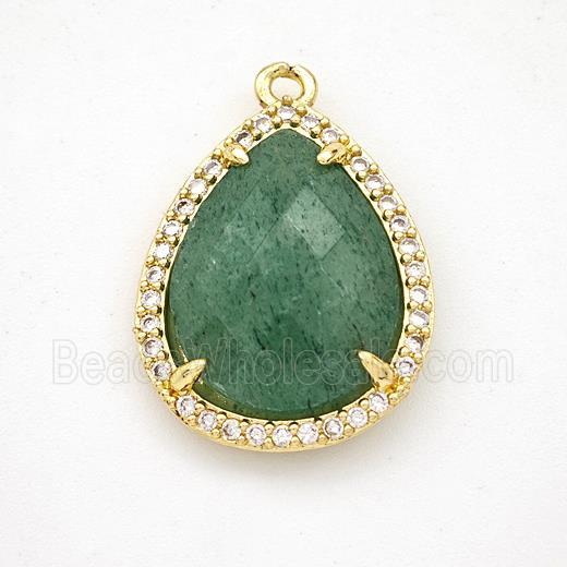 Natural Green Strawberry Quartz Teardrop Pendant Copper Pave Zirconia Gold Plated