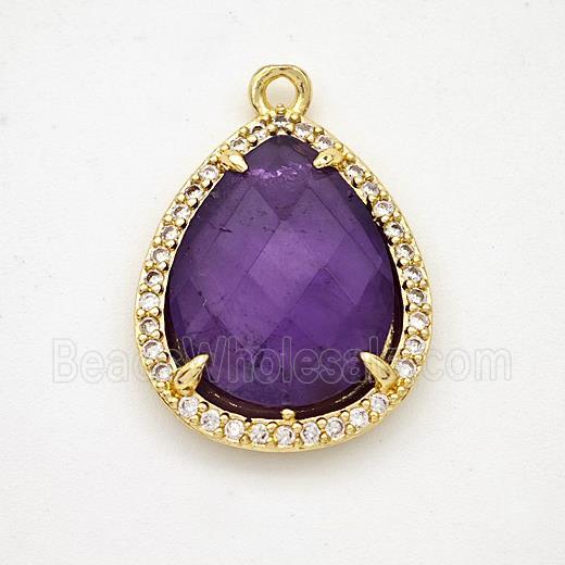 Natural Purple Amethyst Teardrop Pendant Copper Pave Zirconia Gold Plated