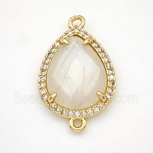 White Moonstone Teardrop Connector Copper Pave Zirconia Gold Plated