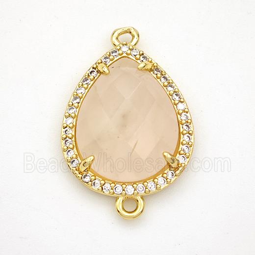 Pink Rose Quartz Teardrop Connector Copper Pave Zirconia Gold Plated