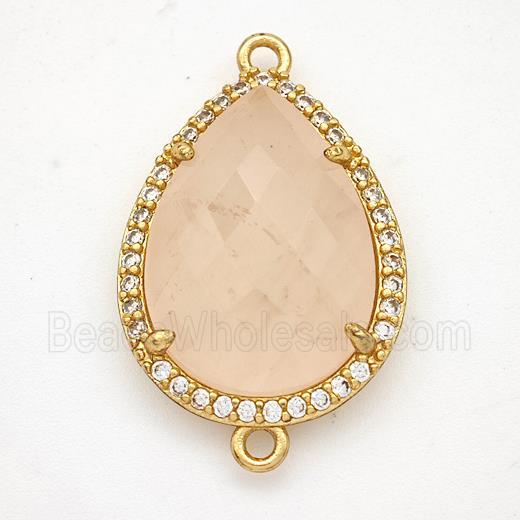 Pink Rose Quartz Teardrop Connector Copper Pave Zirconia Gold Plated