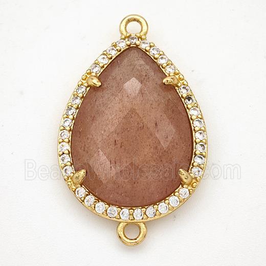 Pink Strawberry Quartz Teardrop Connector Copper Pave Zirconia Gold Plated