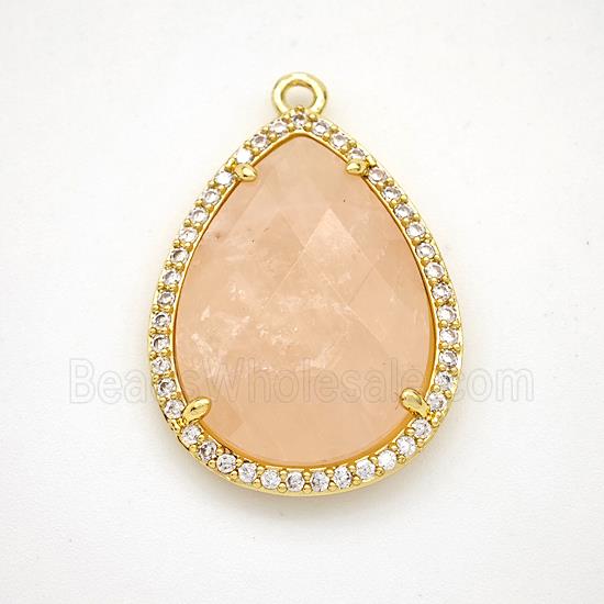 Pink Rose Quartz Teardrop Pendant Copper Pave Zirconia Gold Plated