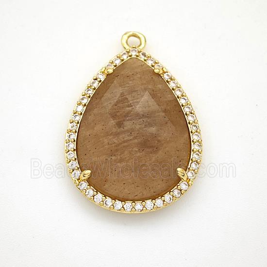 Peach Sunstone Teardrop Pendant Copper Pave Zirconia Gold Plated