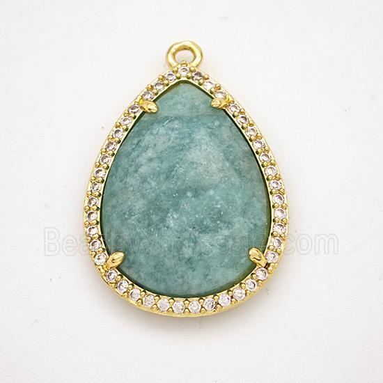 Green Amazonite Teardrop Pendant Copper Pave Zirconia Gold Plated
