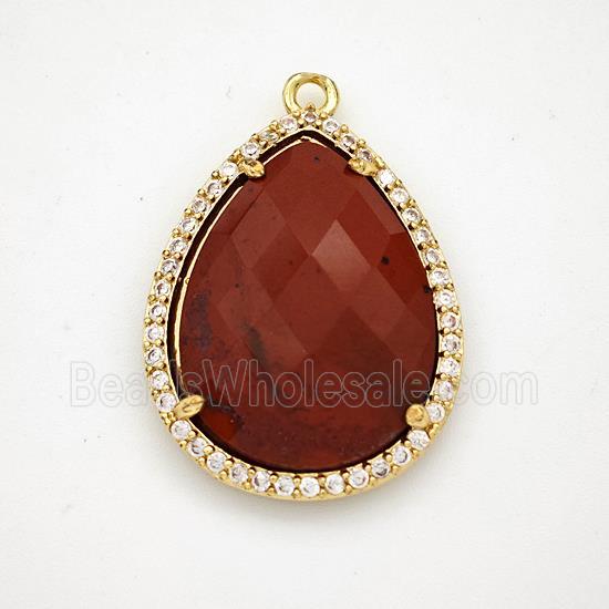 Red Jasper Teardrop Pendant Copper Pave Zirconia Gold Plated