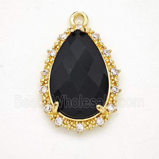 Black Obsidian Teardrop Pendant Copper Pave Zirconia Gold Plated