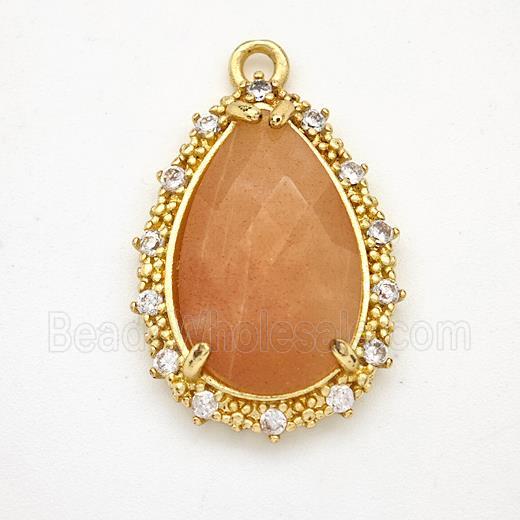Peach Sunstone Teardrop Pendant Copper Pave Zirconia Gold Plated