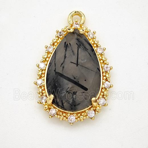Black Rutilated Quartz Teardrop Pendant Copper Pave Zirconia Gold Plated