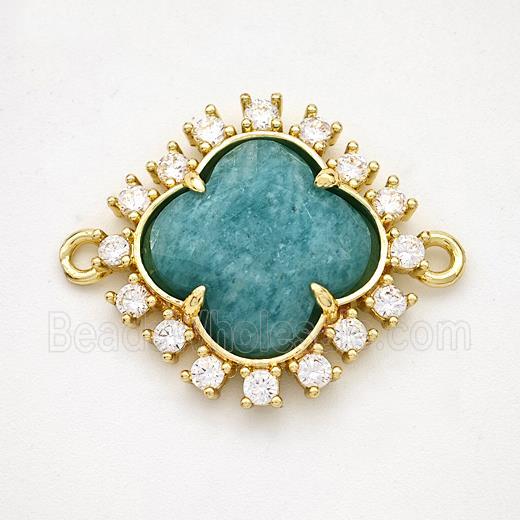 Natural Green Amazonite Clover Connector Copper Pave Zirconia Gold Plated