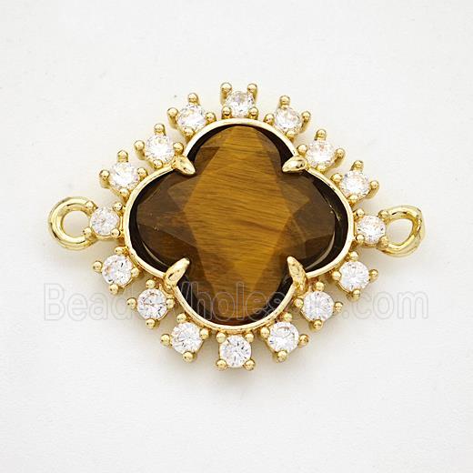 Natural Tiger Eye Stone Clover Connector Copper Pave Zirconia Gold Plated