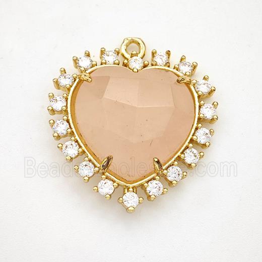 Natural Pink Rose Quartz Heart Pendant Copper Pave Zirconia Gold Plated