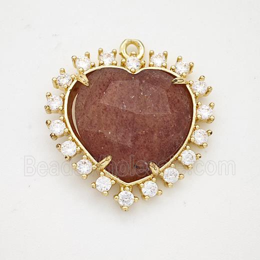Natural Strawberry Quartz Heart Pendant Copper Pave Zirconia Gold Plated