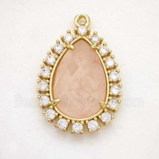 Pink Rose Quartz Teardrop Pendant Copper Pave Zirconia Gold Plated