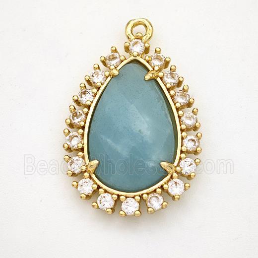 Blue Amazonite Teardrop Pendant Copper Pave Zirconia Gold Plated