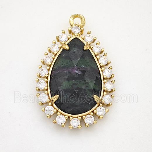 Green Zoisite Teardrop Pendant Copper Pave Zirconia Gold Plated