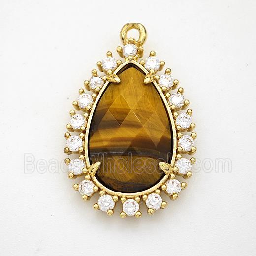 Tiger Eye Stone Teardrop Pendant Copper Pave Zirconia Gold Plated