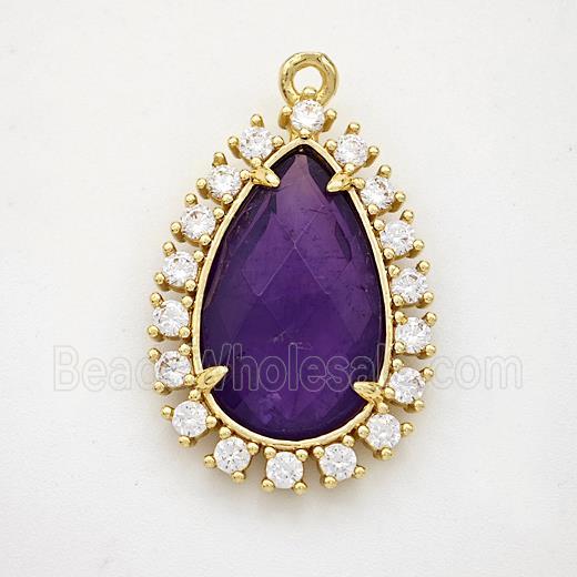 Purple Amethyst Teardrop Pendant Copper Pave Zirconia Gold Plated