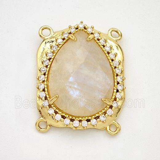 White Moonstone Teardrop Connector Copper Pave Zirconia Gold Plated