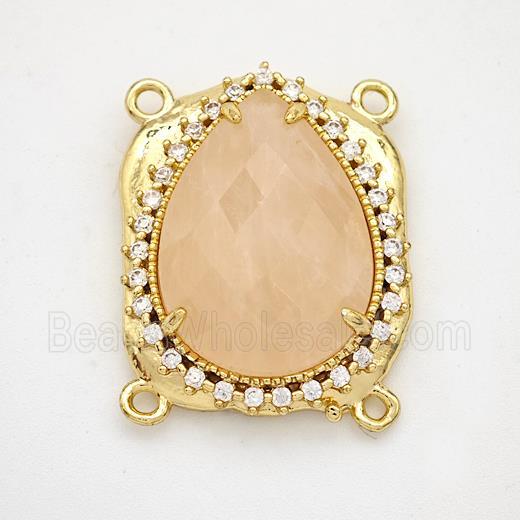 Pink Rose Quartz Teardrop Connector Copper Pave Zirconia Gold Plated