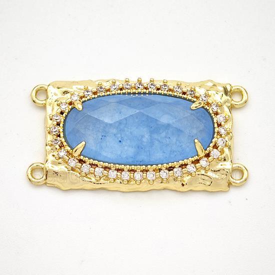 Blue Dye Jade Oval Connector Copper Pave Zirconia Gold Plated