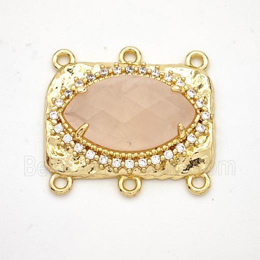 Pink Rose Quartz Eye Connector Copper Pave Zirconia Gold Plated