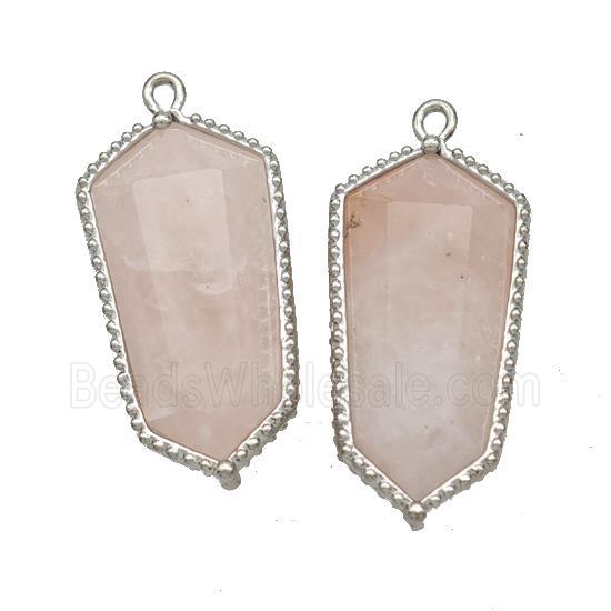 Natural Pink Rose Quartz Prism Pendant Platinum Plated