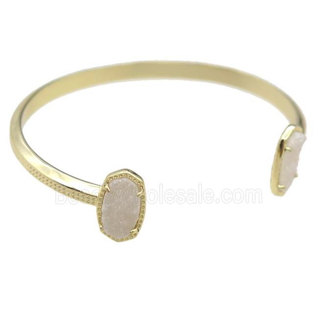 copper bangle with white Quartz Druzy, resizable, gold plated