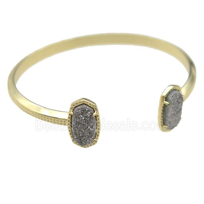 copper bangle with silver Quartz Druzy, resizable, gold plated