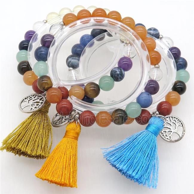 Chakra Gemstone Bracelets with tassel, tree of life, mixed, stretchy