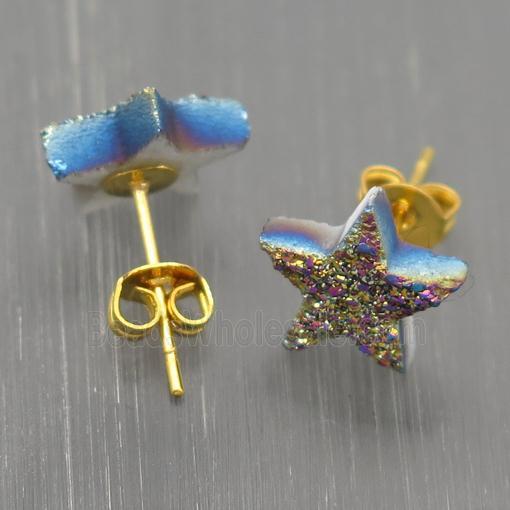 rainbow Quartz Druzy Stud Earrings, Star
