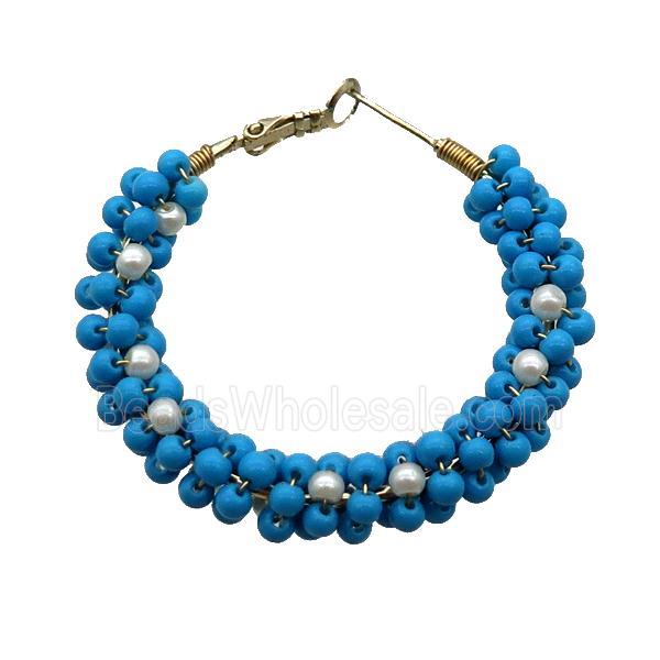Blue Pearlized Glass Copper Hoop Earring Gold Plated