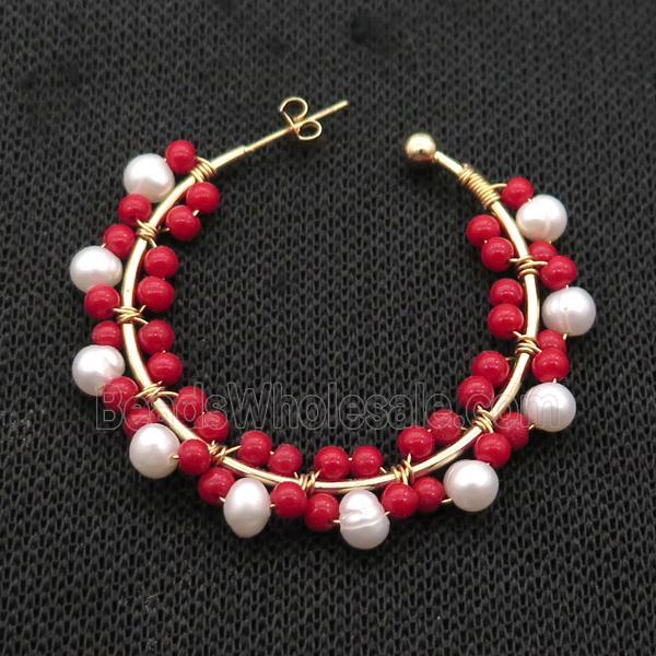 Pearl Copper Stud Earring With Red Pearlized Glass Gold Plated
