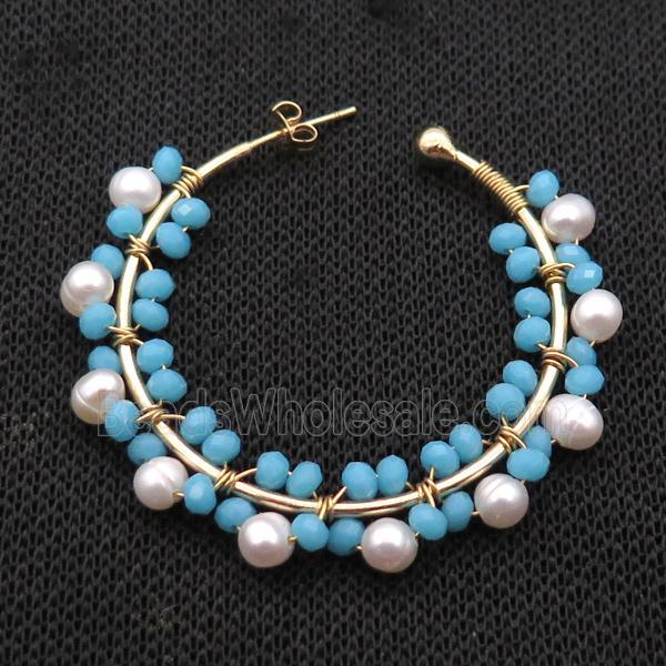 Pearl Copper Stud Earring With Blue Crystal Glass Gold Plated