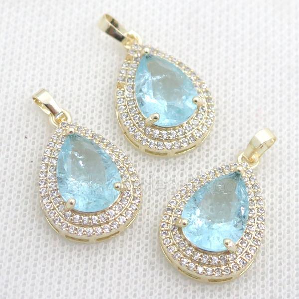 copper teardrop pendant paved zircon with blue crystal glass