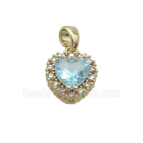 Copper Heart Pendant Pave Aqua Crystal Glass Gold Plated