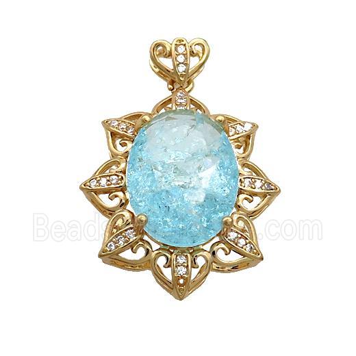 Copper Flower Pendant Pave Blue Crystal Glass Gold Plated