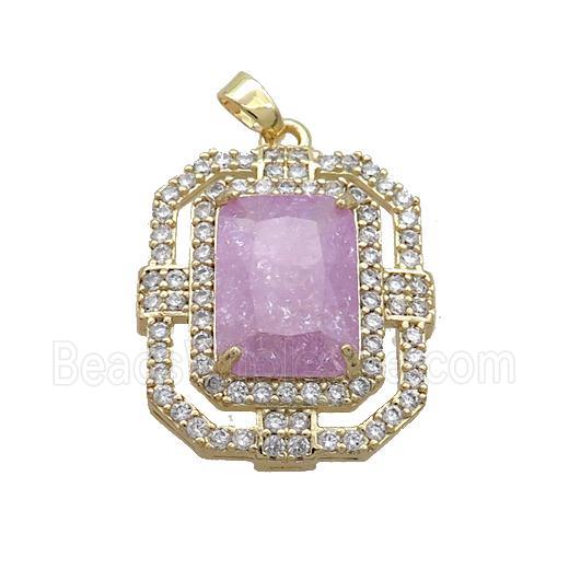 Copper Rectangle Pendant Pave PInk Crystal Glass Gold Plated