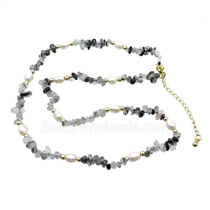 Black Rutilated Quartz Necklace With Pearl