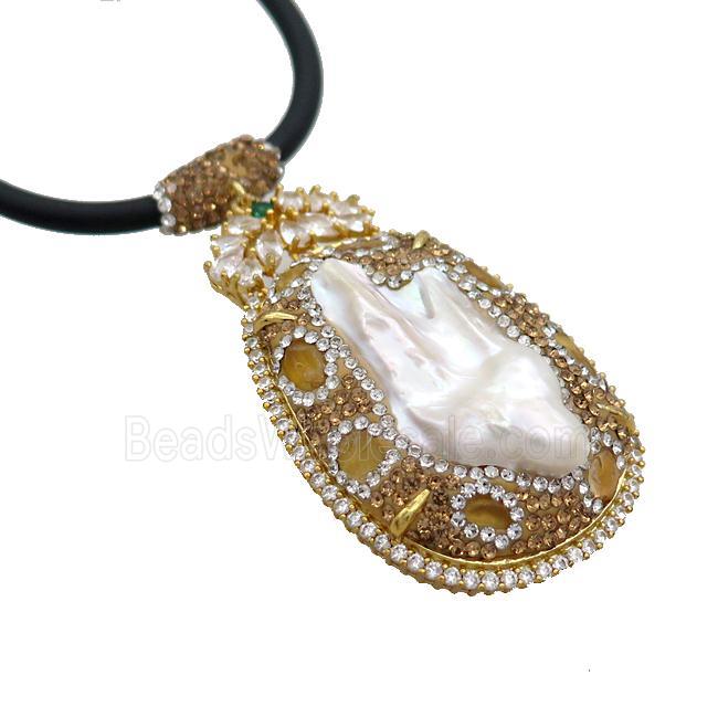 White Pearl Necklace Pave Rhinestone