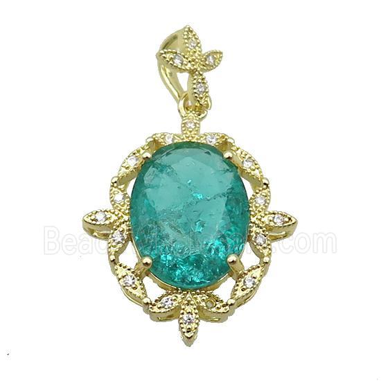 Copper Pendant Pave Green Crystal Glass Oval Gold Plated