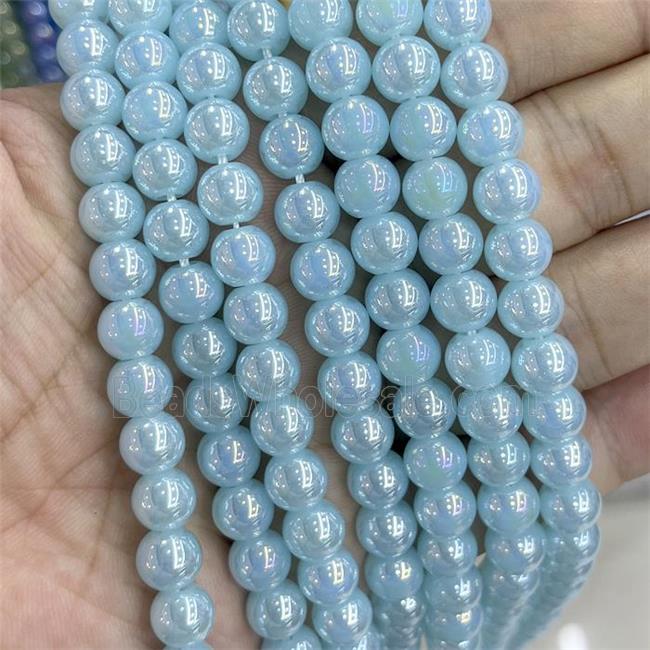 Blue Jadeite Glass Beads Smooth Round Electroplated