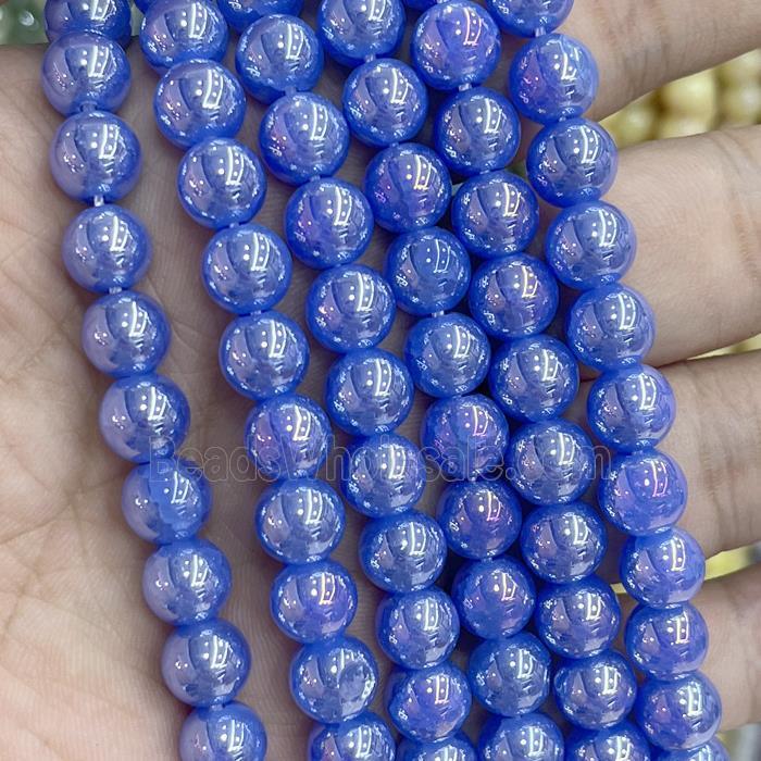 Blue Jadeite Glass Beads Smooth Round Electroplated