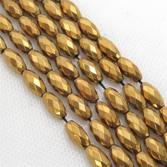 Hematite beads, faceted rice, gold electroplated