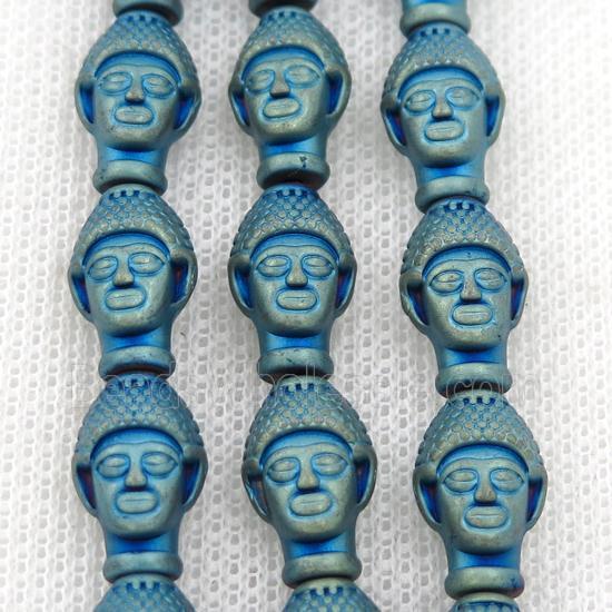 matte Hematite buddha beads, green electroplated