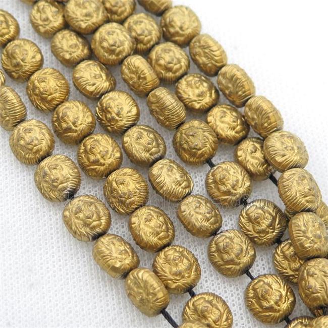 matte Hematite Lion Beads, gold electroplated