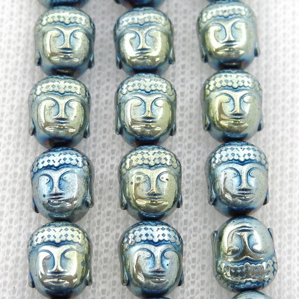 Hematite buddha beads, green electroplated