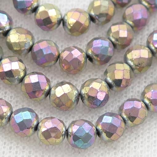 Hematite beads, faceted round, multicolor electroplated