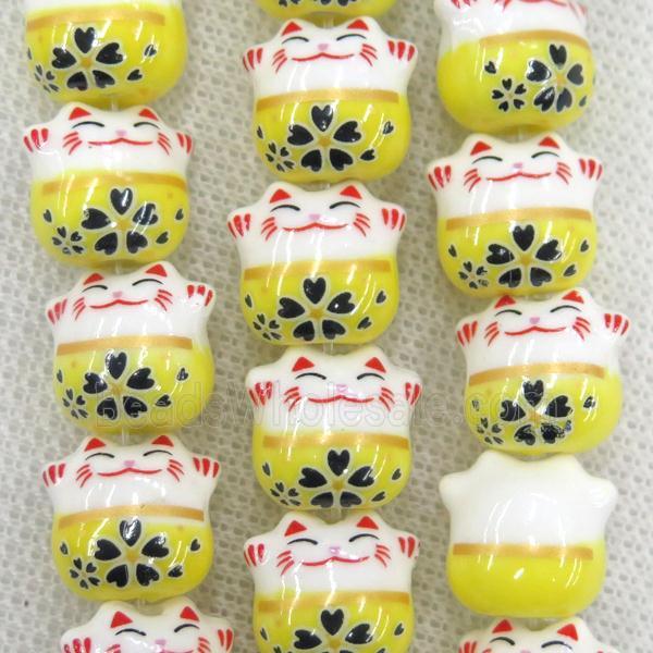 yellow Oriental Porcelain beads, fortune cat